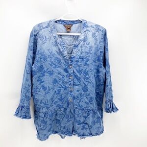 Multiples chambray ombré floral peplum distressed floral pullover